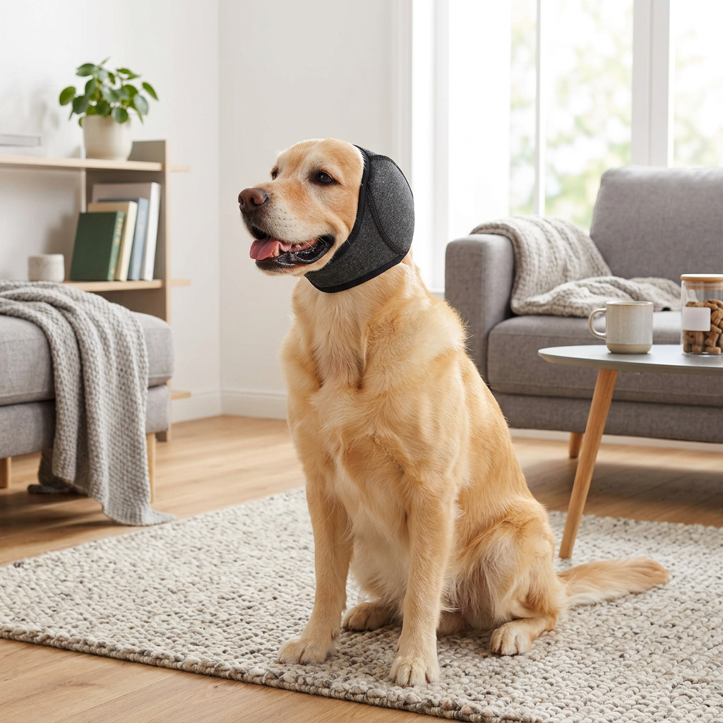 ClawPaws™ Ohrschutz‑Haube für Hunde im Einsatz
